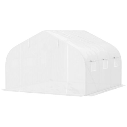 MM Handel  Skleník 6 rolovacích oken, dveře na zip, fólie odolná proti roztržení, kovový rám, 3,5 x 3 x 2 m, bílá
