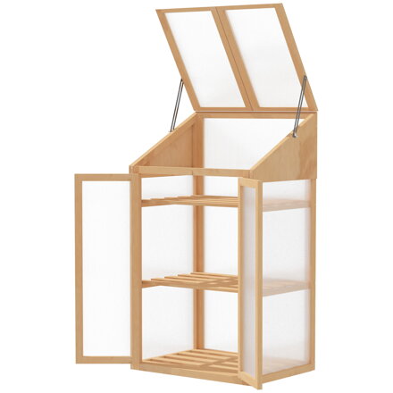 MM Handel  Malý skleník s dřevěným rámem, oknem a dvojitými dveřmi, 3 police, 70D x 50Š x 120V cm, hnědý