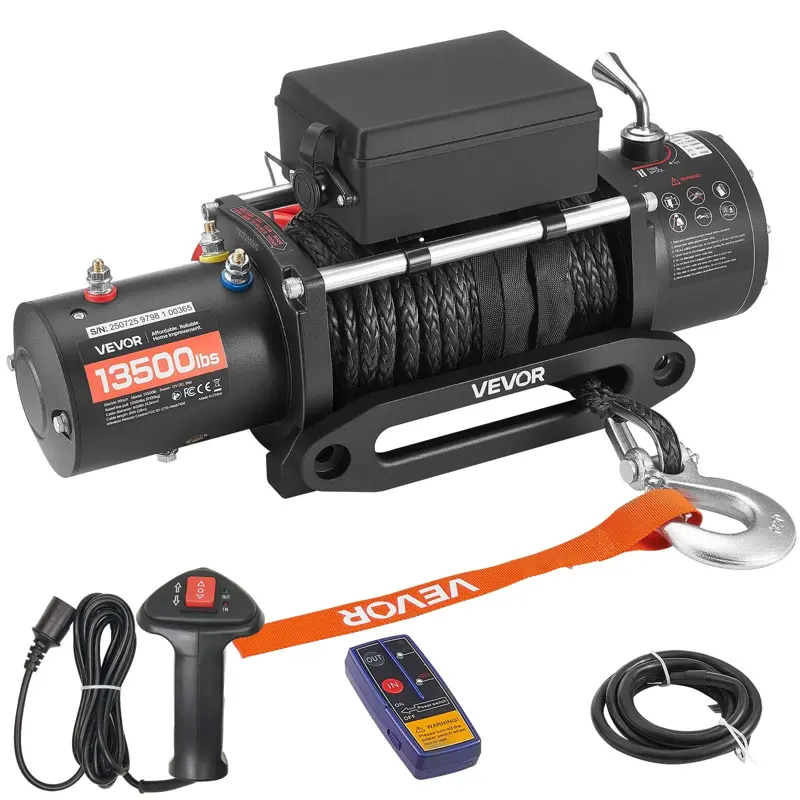 E-CrossStu GmbH​  Elektrický naviják, nosnost 6100 kg, 12V, pro nákladní vozidla se syntetickým lanem Φ9,5 mm x 26 m, bezdrátové a kabelové dálkové ovládání, vodotěsný IP55 pro tažení terénního SUV, jeepu, přívěsu, lodi VEVO355 |černá