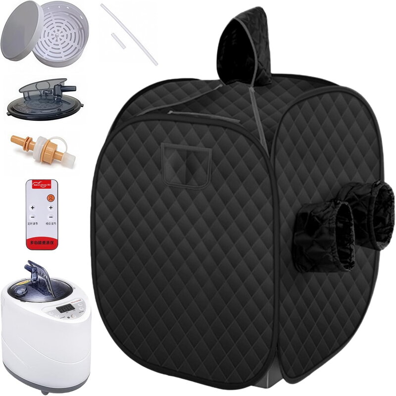 Apex CE Přenosná parní sauna do domácnosti, mobilní sauna box pro 1 osobu, 9 úrovní nastavitelná teplota s dálkovým ovládáním, pro detoxikaci, relaxaci a úlevu od stresu Tazor HZL00LC-0155 | černá