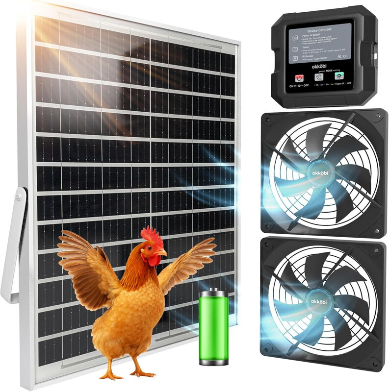 Marcus Excelsior Limited Solární ventilátor pro kurník a skleník, dvojitá solární ventilace s akumulátorem, přívod nebo odvod vzduchu, ovládací box se 3 režimy Okkobi OKSOL6140