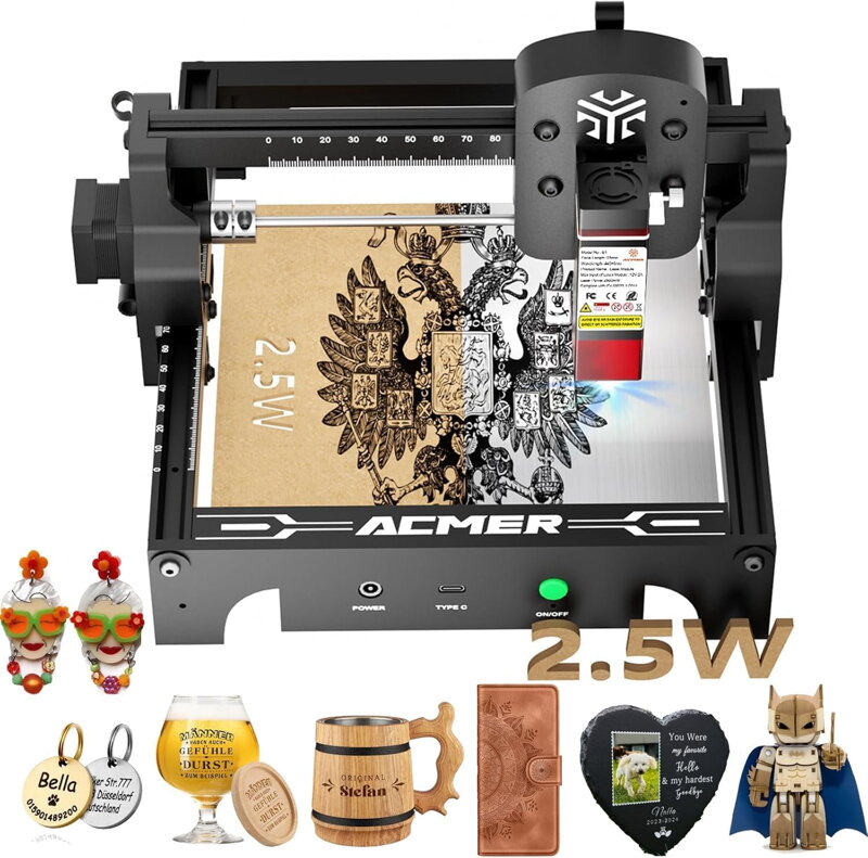 E-CrossStu GmbH​  Mini laserový gravírovací stroj ACMER S1, vysoká přesnost 2500 mW