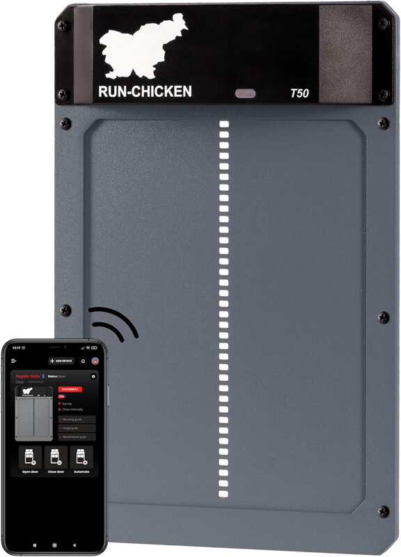 Amzon Automatická hliníková dvířka do kurníku na baterie , ovládání aplikací a časovačem RUN-CHICKEN Door T50, Barvy a parametry Šedá